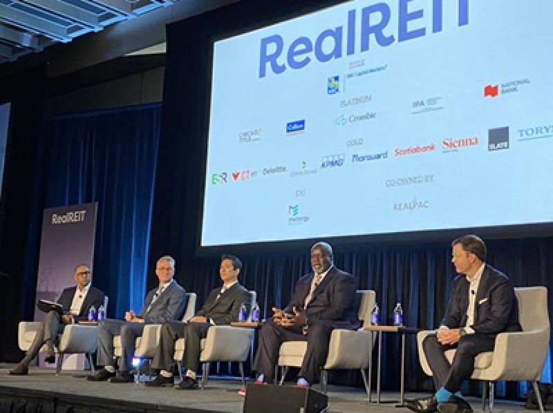 Panel members during a buyside roundtable at RealREIT in Toronto, from left: RBC Capital Markets' Pammi Bir, Lincluden Investment Management's Derek Warren, CI Global Asset Management's Chris Couprie, Starlight Capital's Dennis Mitchell and RBC Global Asset Management's Stu Kedwell. (Steve McLean RENX) 