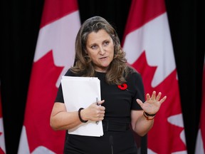 Deputy Prime Minister and Minister of Finance Chrystia Freeland answers one last question as she leaves following a press conference in Ottawa on Nov. 6, 2024.