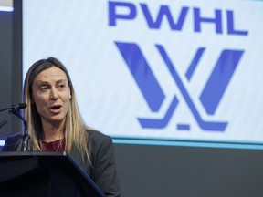 Jayna Hefford, PWHL's senior vice president of hockey operations speaks ahead of the PWHL Toronto team opening the Toronto Stock Exchange in Toronto, Friday, Jan. 12, 2024.
