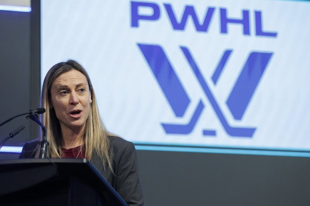 Jayna Hefford, PWHL's senior vice president of hockey operations speaks ahead of the PWHL Toronto team opening the Toronto Stock Exchange in Toronto, Friday, Jan. 12, 2024. THE CANADIAN PRESS/Cole Burston