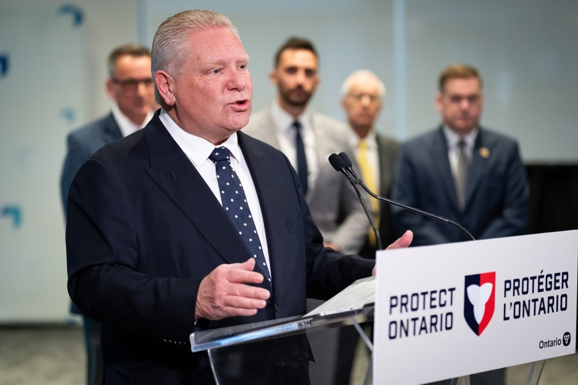 Ontario Premier Doug Ford speaks at a press conference as members of his cabinet watch, in Toronto on Thursday, April 17, 2025. THE CANADIAN PRESS/Arlyn McAdorey